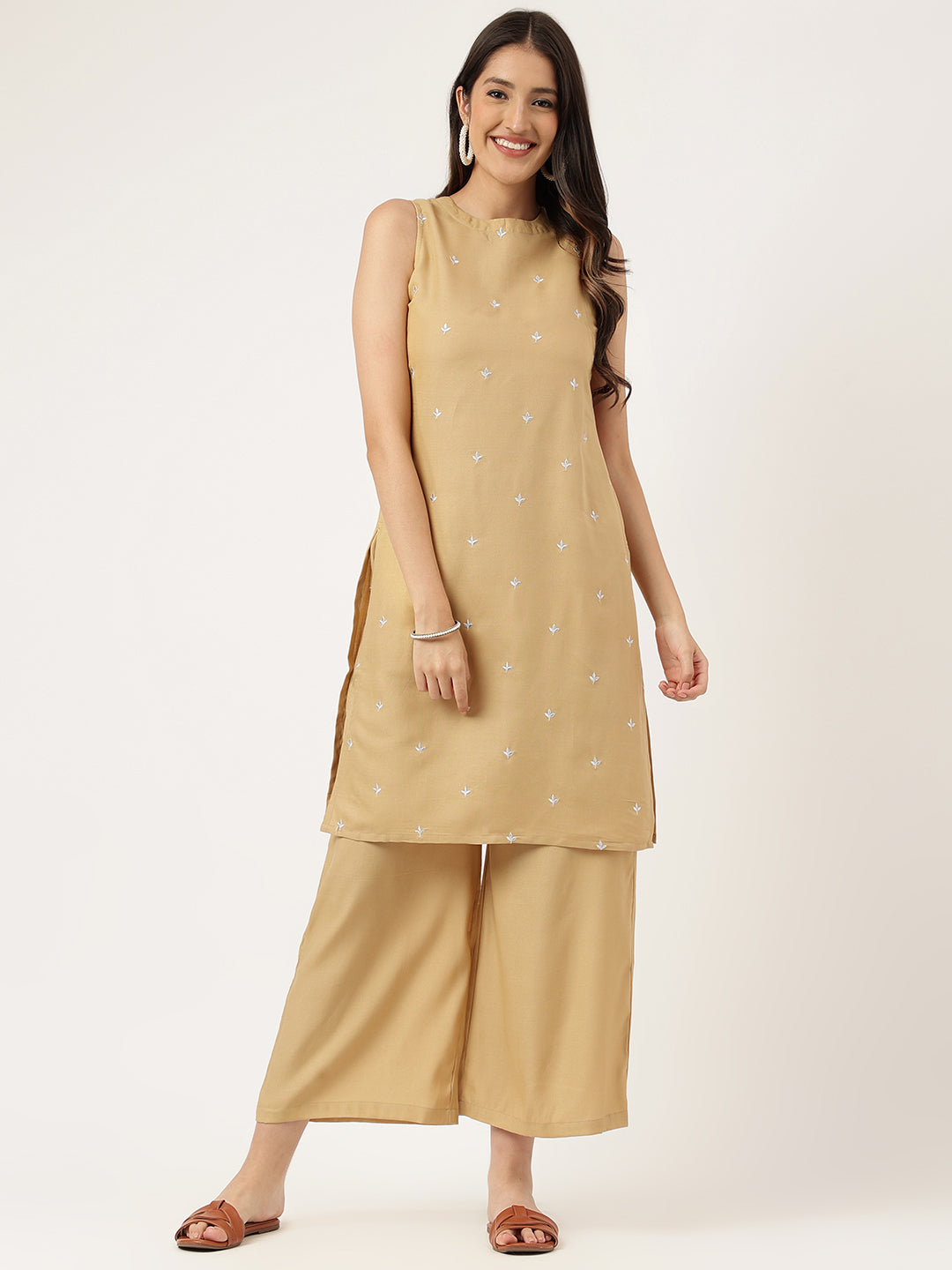 Women Beige Rayon Embroidered Work Straight Kurta Bottom Set