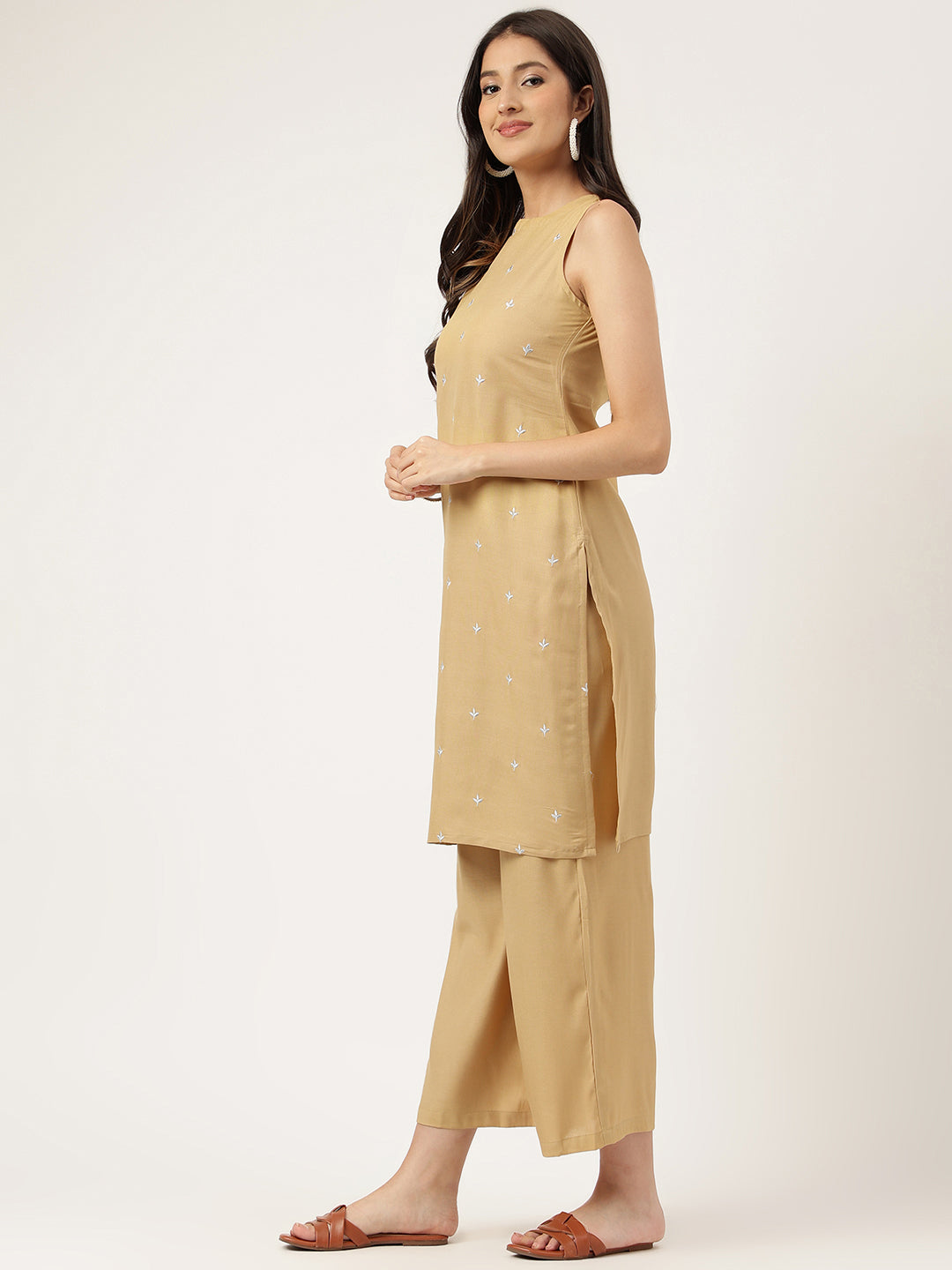 Women Beige Rayon Embroidered Work Straight Kurta Bottom Set