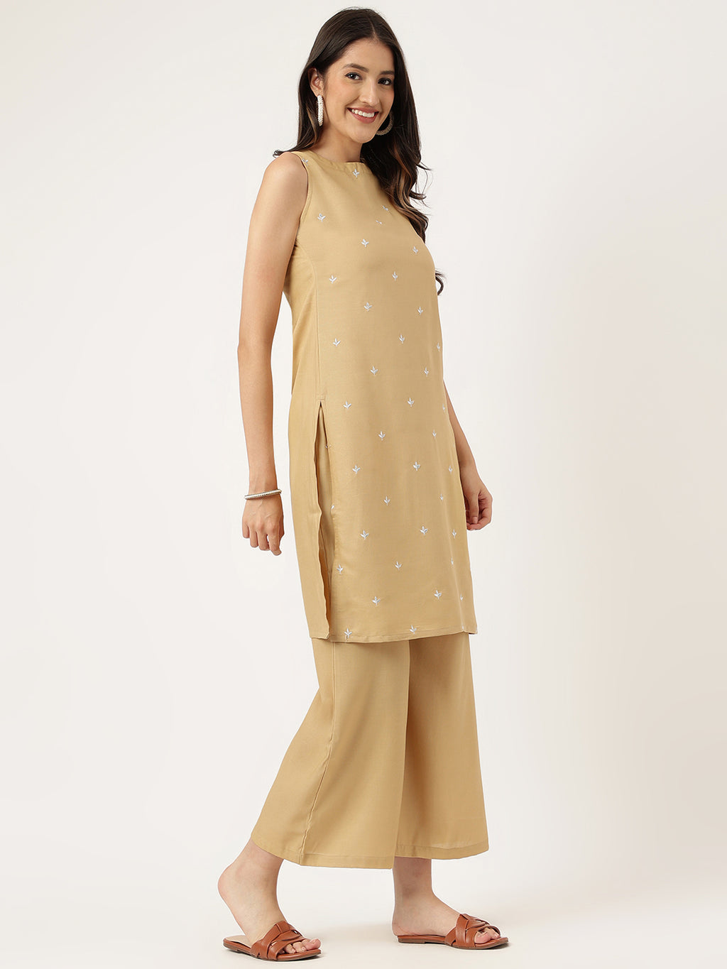 Women Beige Rayon Embroidered Work Straight Kurta Bottom Set