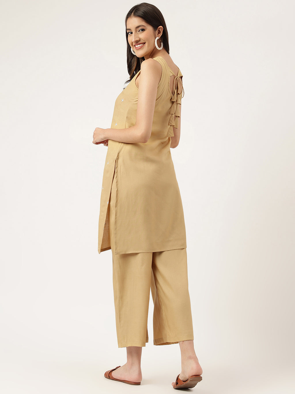 Women Beige Rayon Embroidered Work Straight Kurta Bottom Set