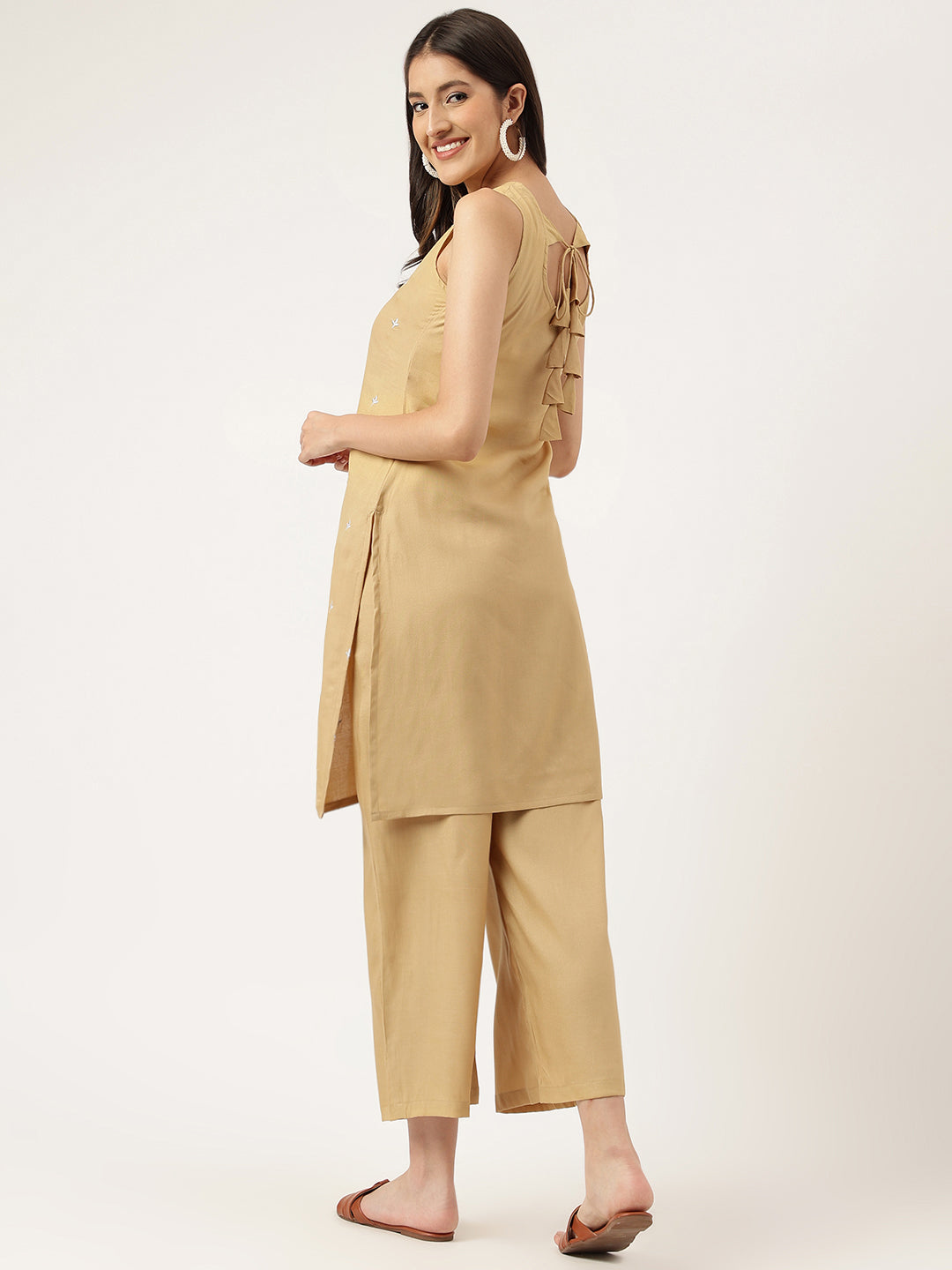 Women Beige Rayon Embroidered Work Straight Kurta Bottom Set