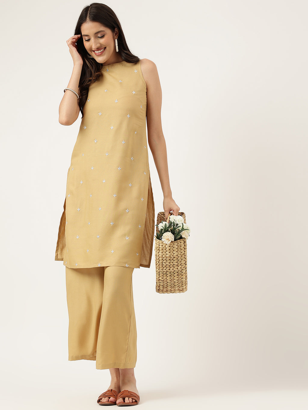 Women Beige Rayon Embroidered Work Straight Kurta Bottom Set