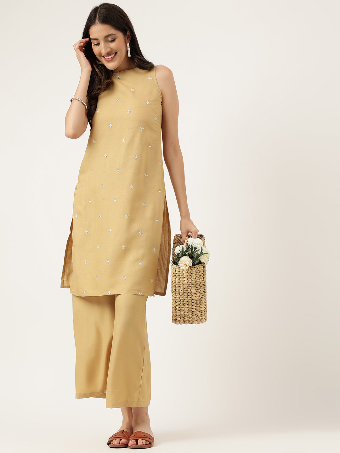 Women Beige Rayon Embroidered Work Straight Kurta Bottom Set