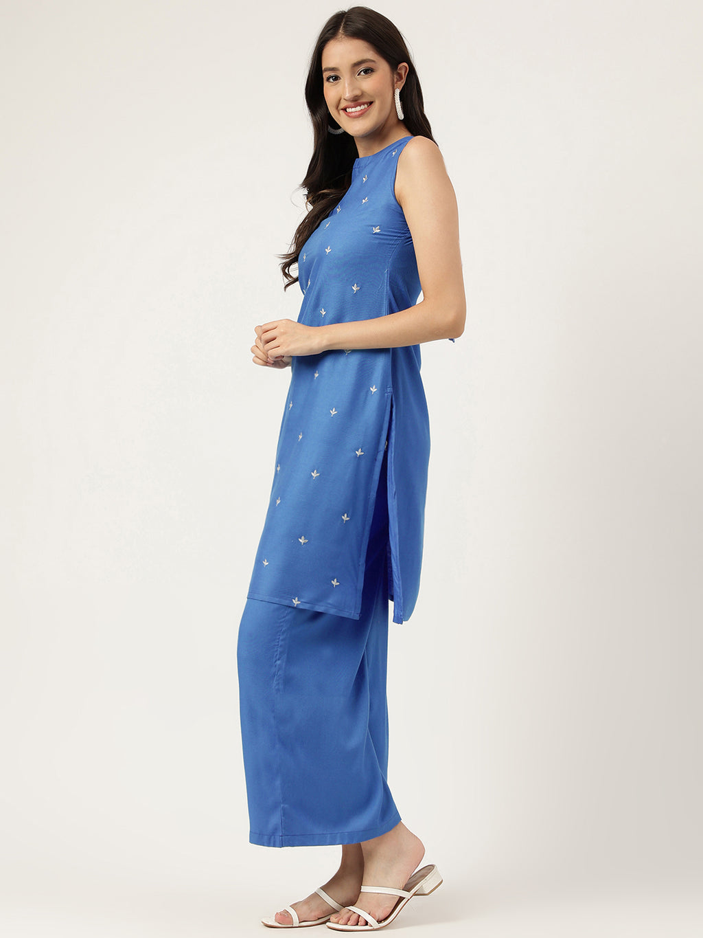 Women Blue Rayon & Embroidered Work Straight Kurta Bottom Set