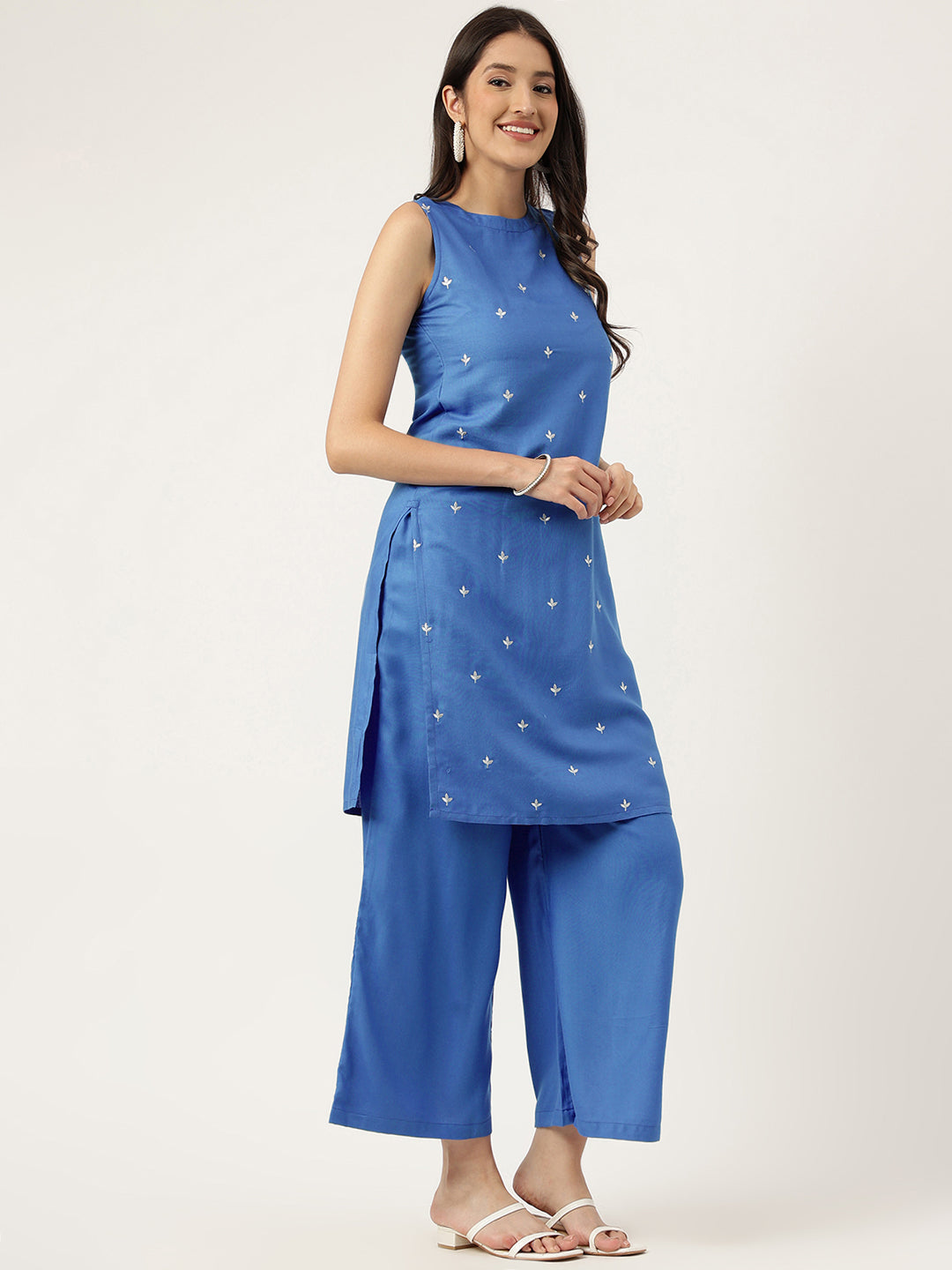 Women Blue Rayon & Embroidered Work Straight Kurta Bottom Set