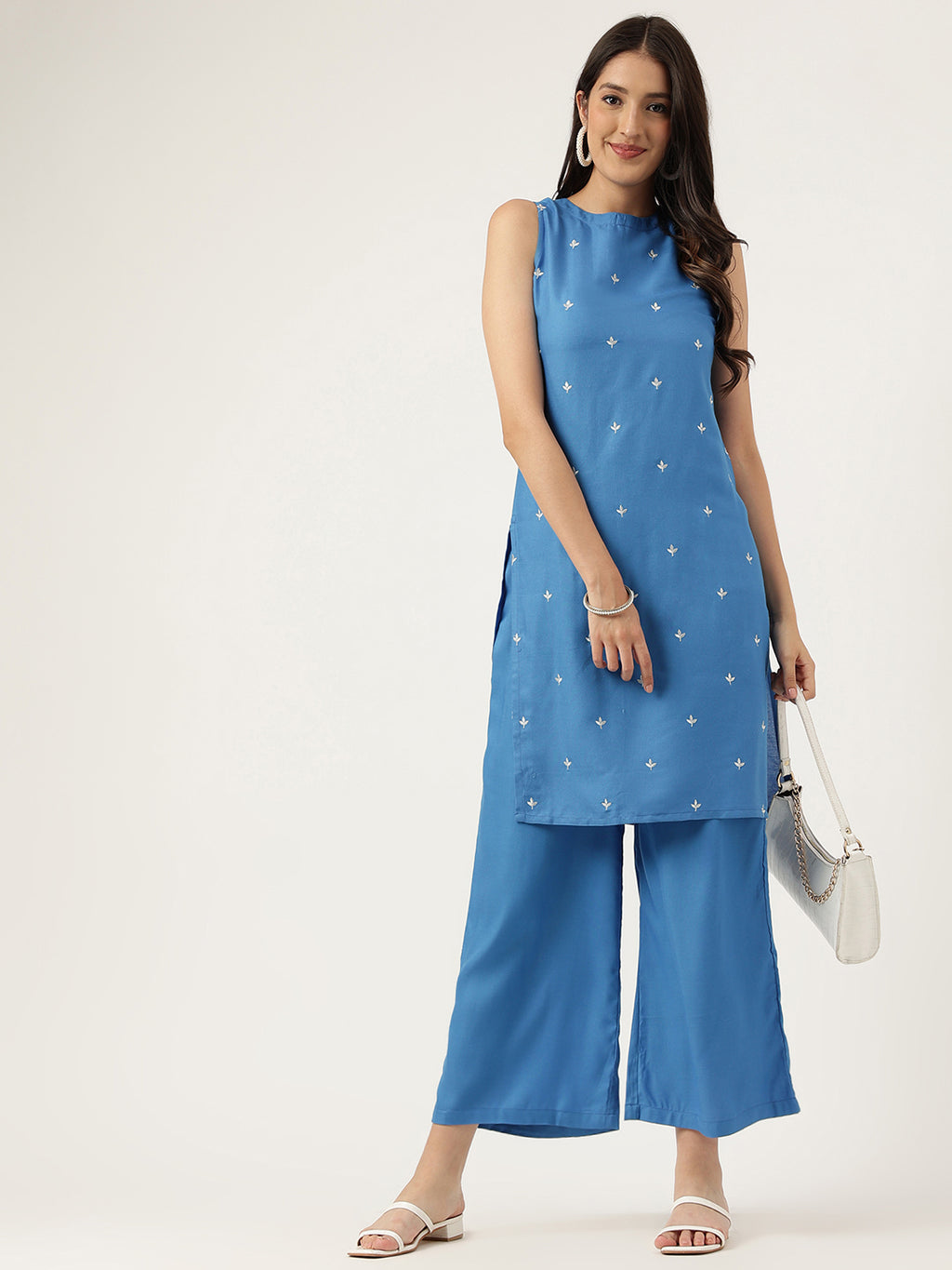 Women Blue Rayon & Embroidered Work Straight Kurta Bottom Set