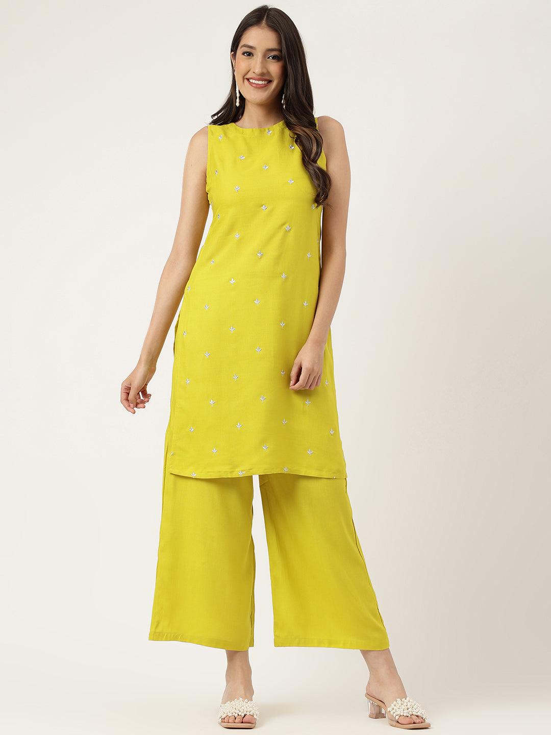 Women Mustard Rayon & Embroidered Work Straight Kurta Bottom Set