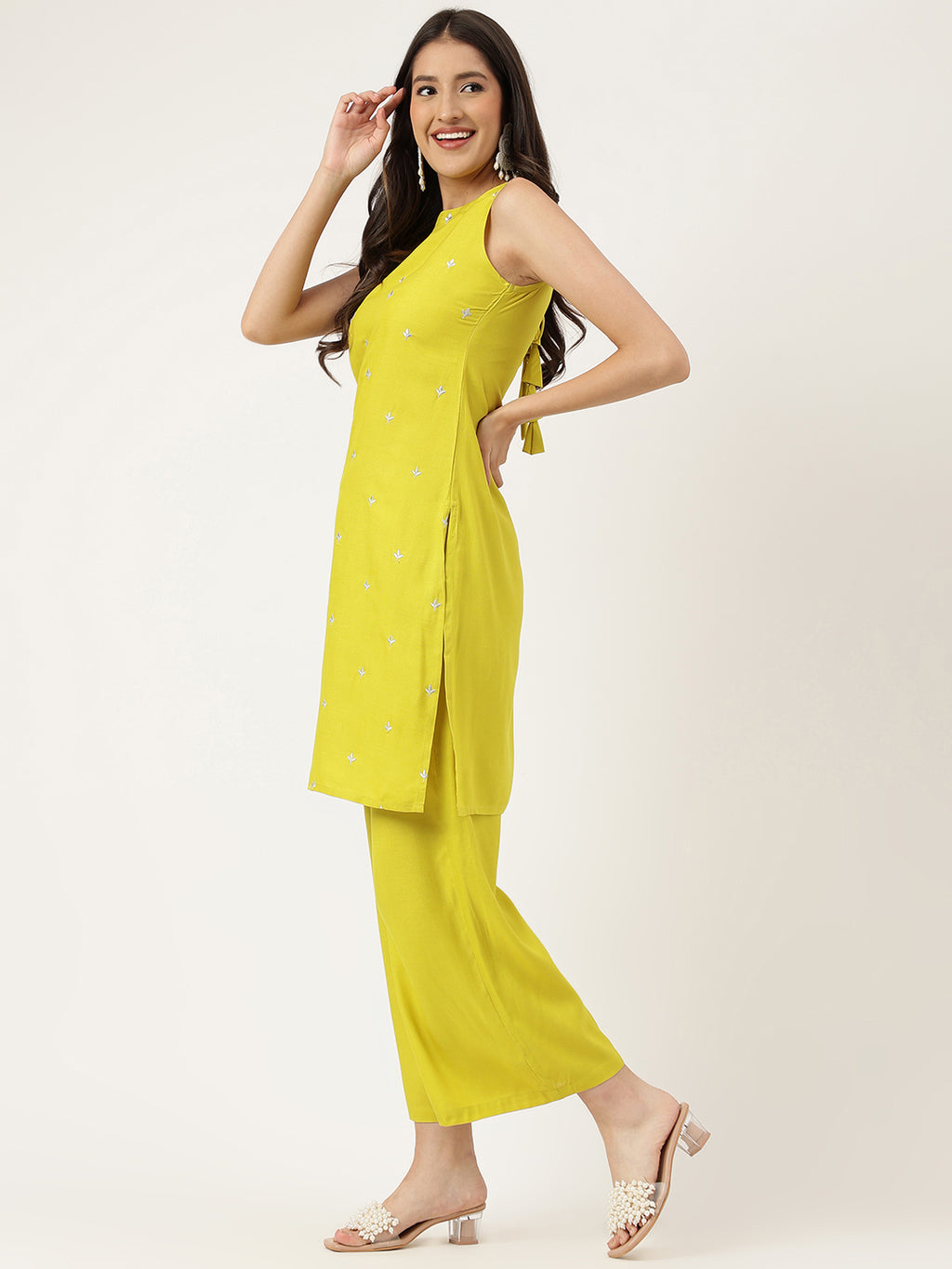 Women Mustard Rayon & Embroidered Work Straight Kurta Bottom Set