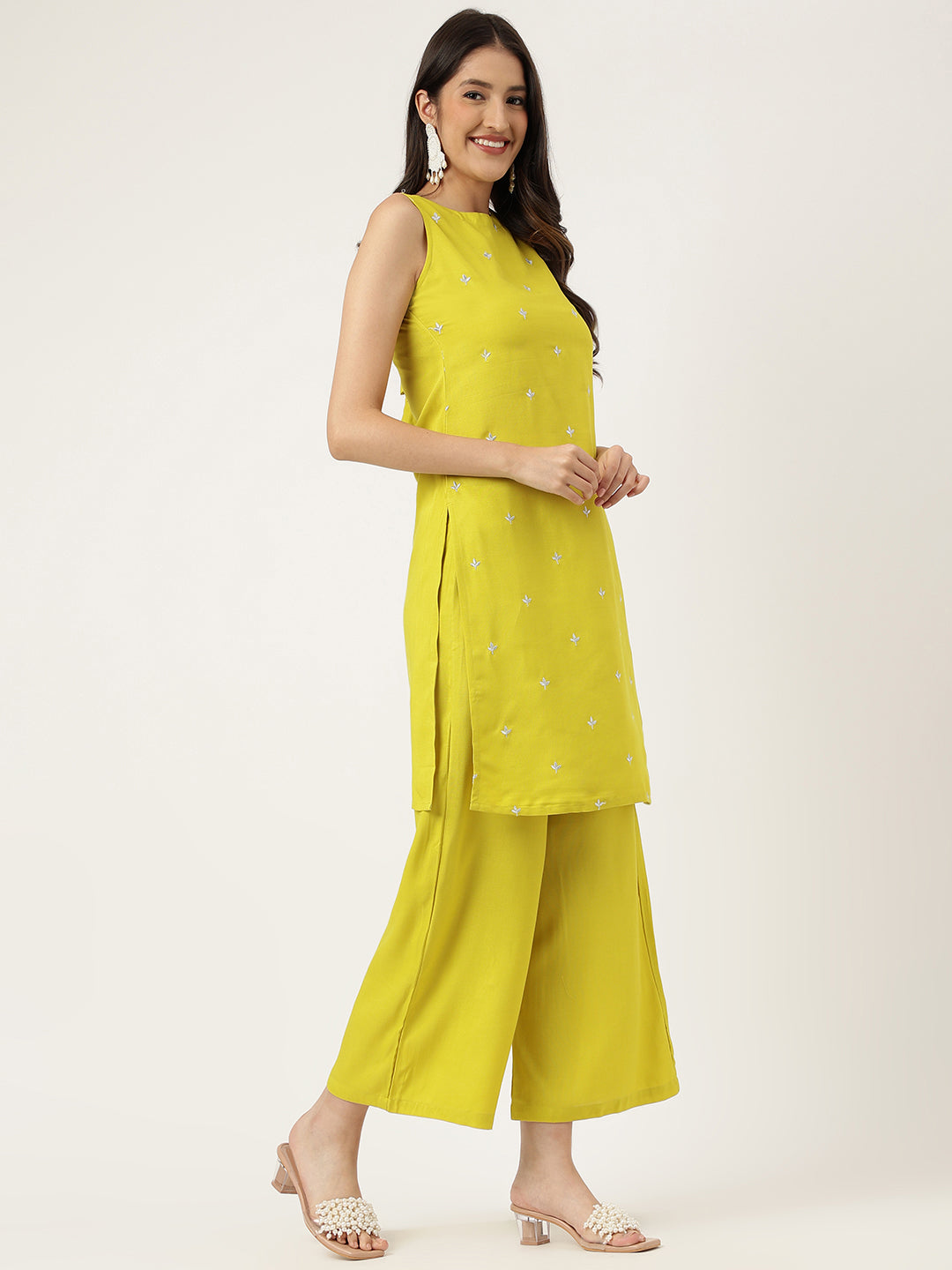 Women Mustard Rayon & Embroidered Work Straight Kurta Bottom Set