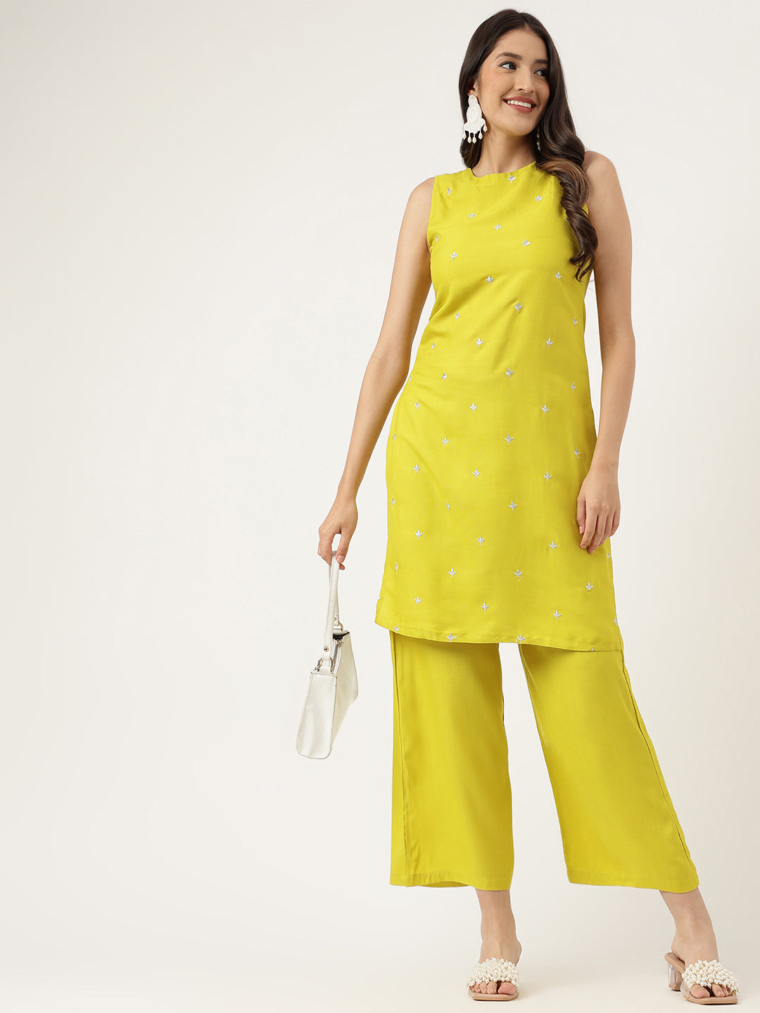 Women Mustard Rayon & Embroidered Work Straight Kurta Bottom Set