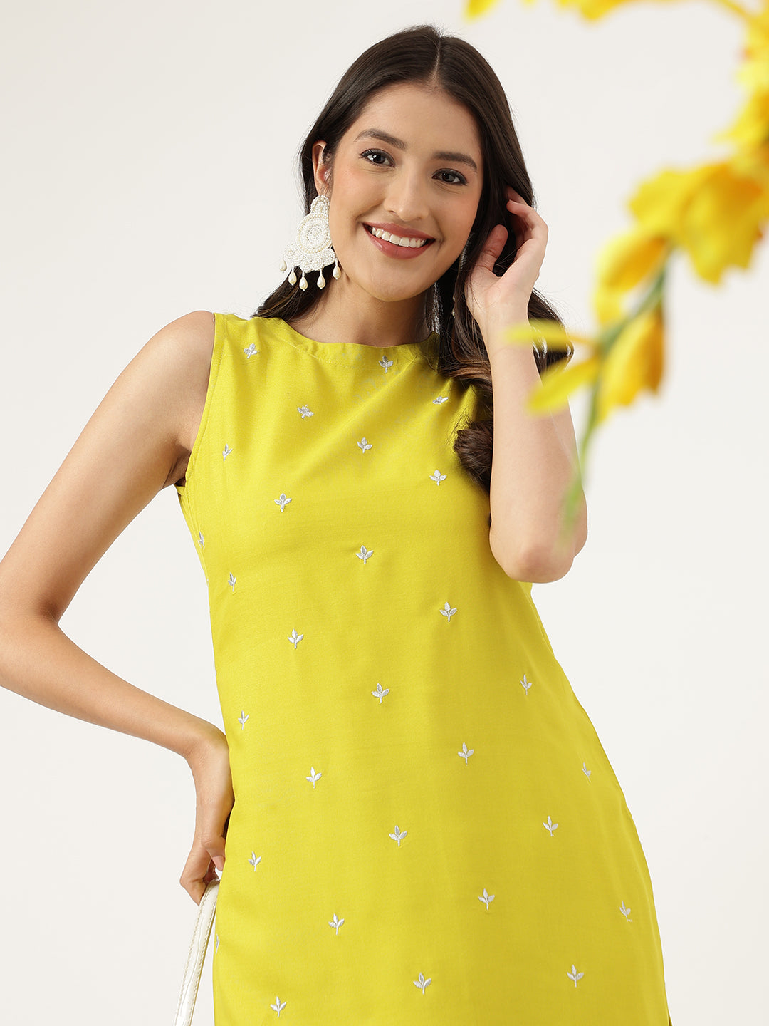 Women Mustard Rayon & Embroidered Work Straight Kurta Bottom Set