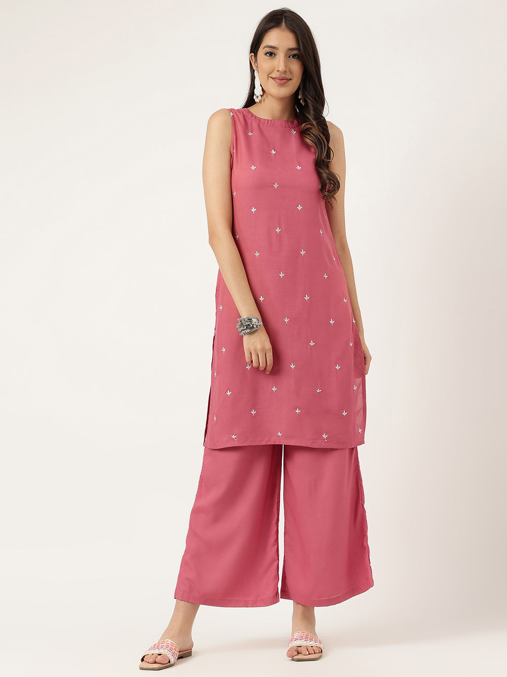 Women Rust Rayon & Embroidered Work Straight Kurta Bottom Set