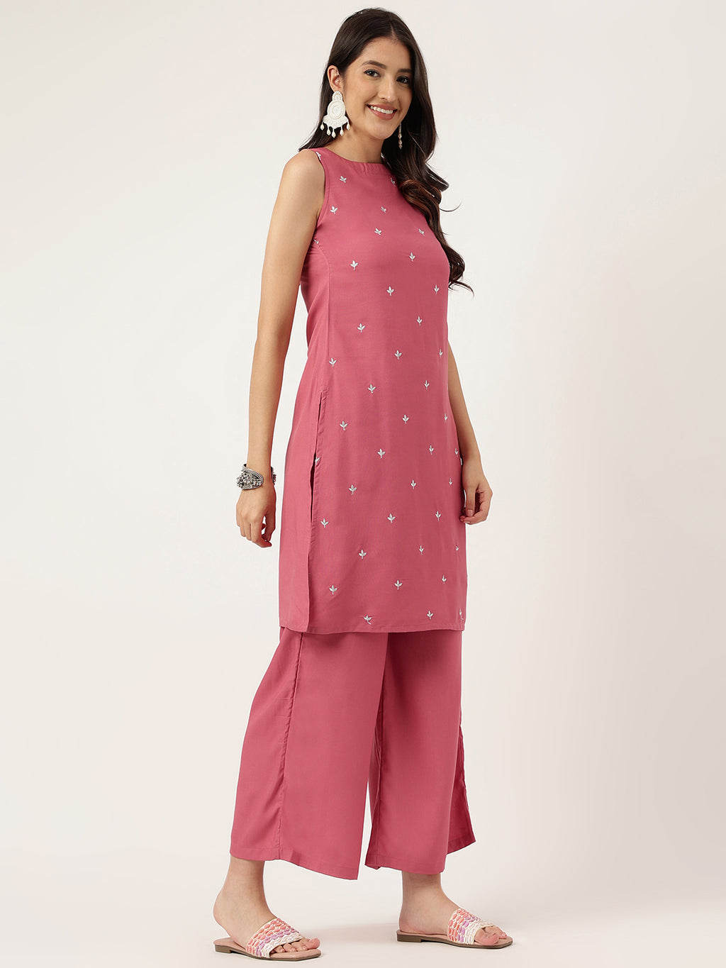 Women Rust Rayon & Embroidered Work Straight Kurta Bottom Set