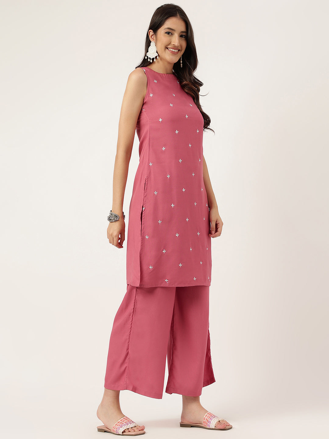 Women Rust Rayon & Embroidered Work Straight Kurta Bottom Set