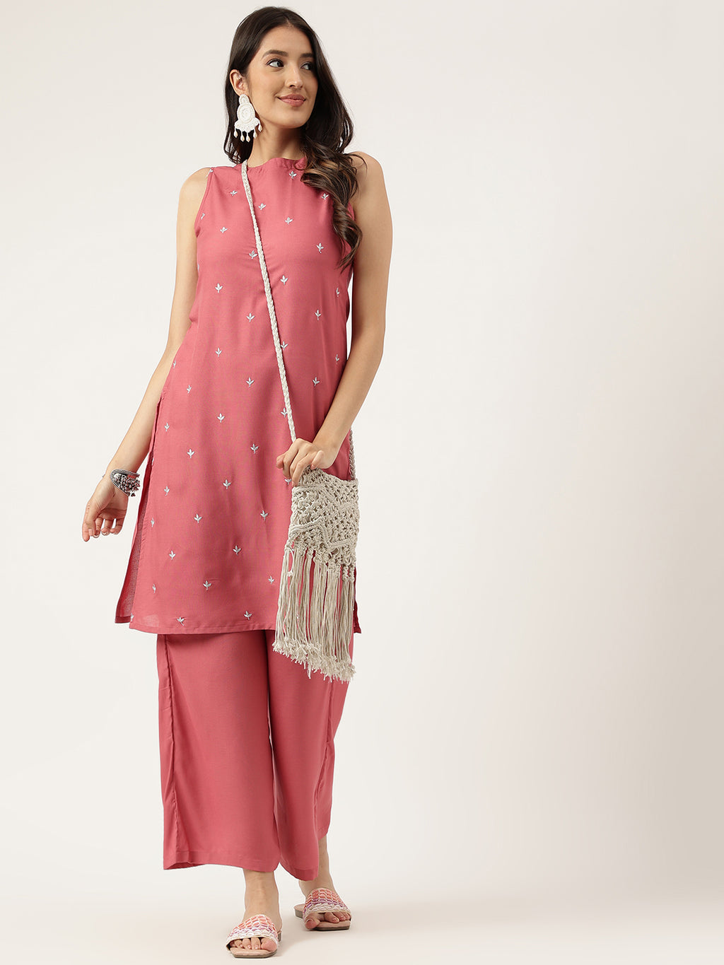 Women Rust Rayon & Embroidered Work Straight Kurta Bottom Set
