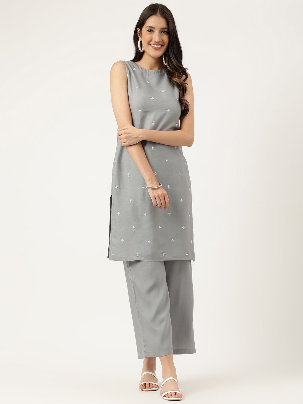 Women Grey Rayon & Embroidered Work Straight Kurta Bottom Set