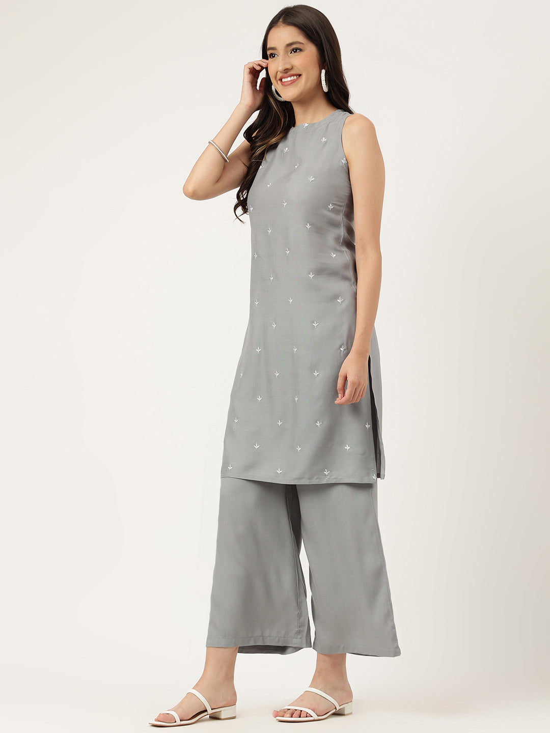 Women Grey Rayon & Embroidered Work Straight Kurta Bottom Set