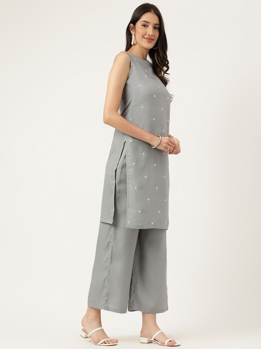Women Grey Rayon & Embroidered Work Straight Kurta Bottom Set