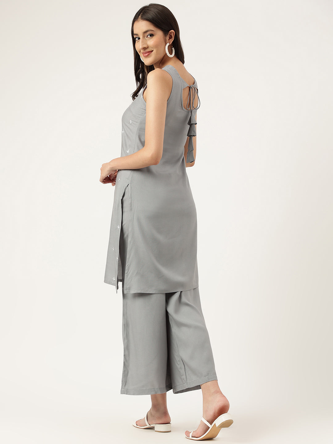 Women Grey Rayon & Embroidered Work Straight Kurta Bottom Set