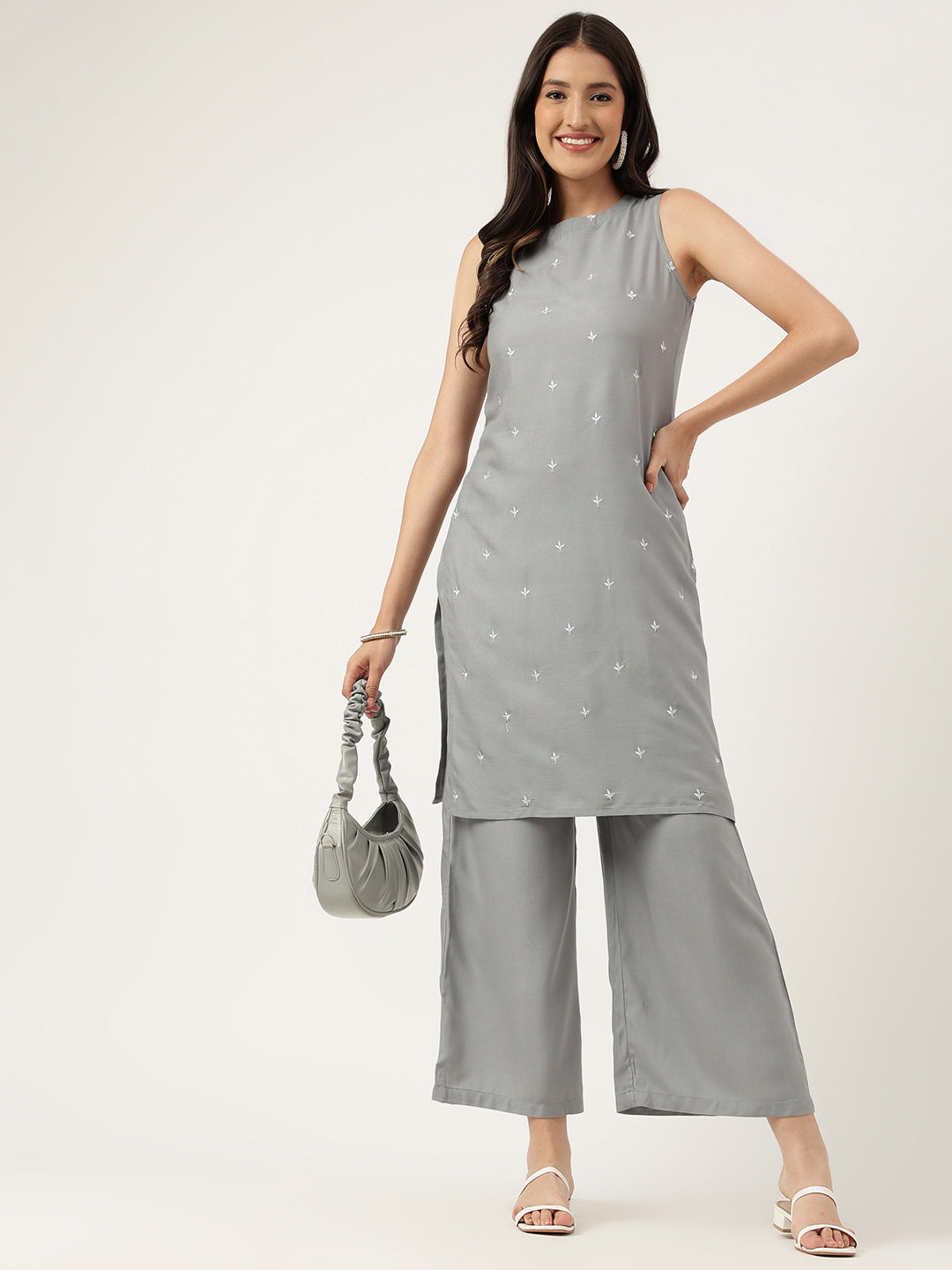 Women Grey Rayon & Embroidered Work Straight Kurta Bottom Set