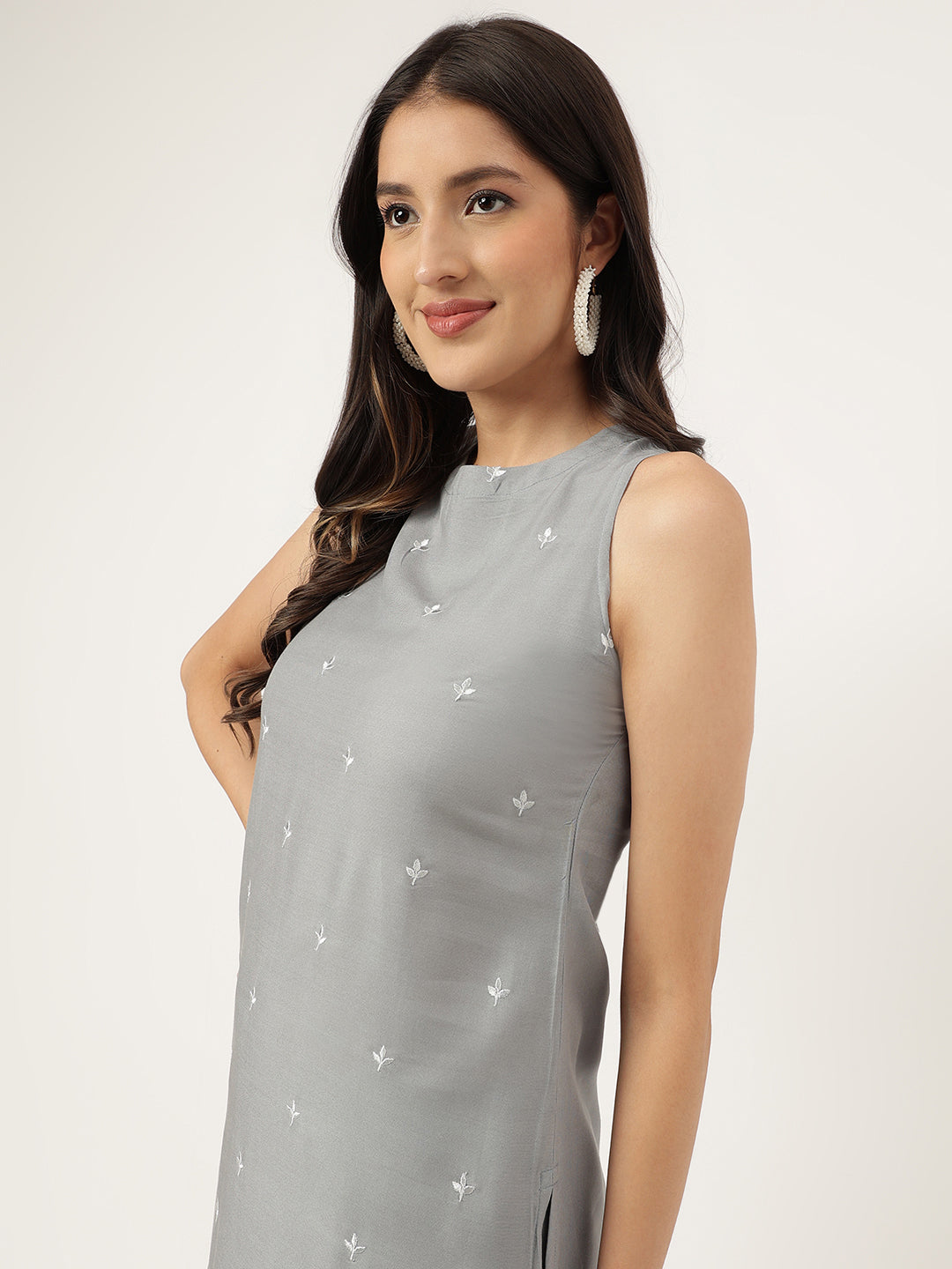 Women Grey Rayon & Embroidered Work Straight Kurta Bottom Set