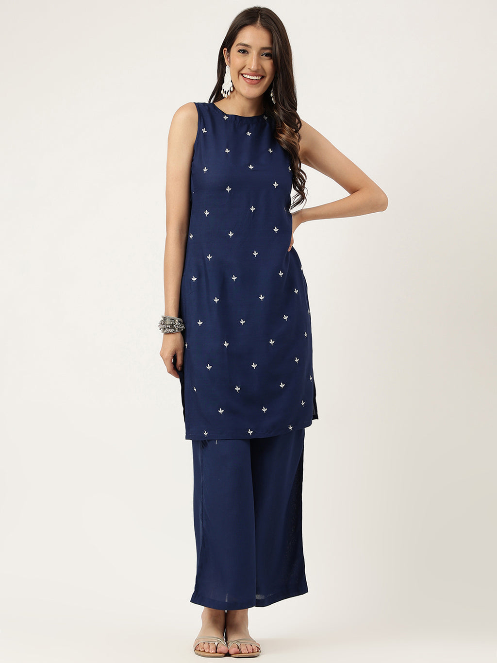 Women Navy Blue Rayon & Embroidered Work Straight Kurta Bottom Set