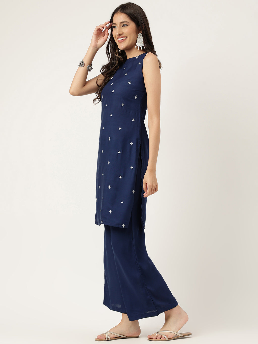 Women Navy Blue Rayon & Embroidered Work Straight Kurta Bottom Set