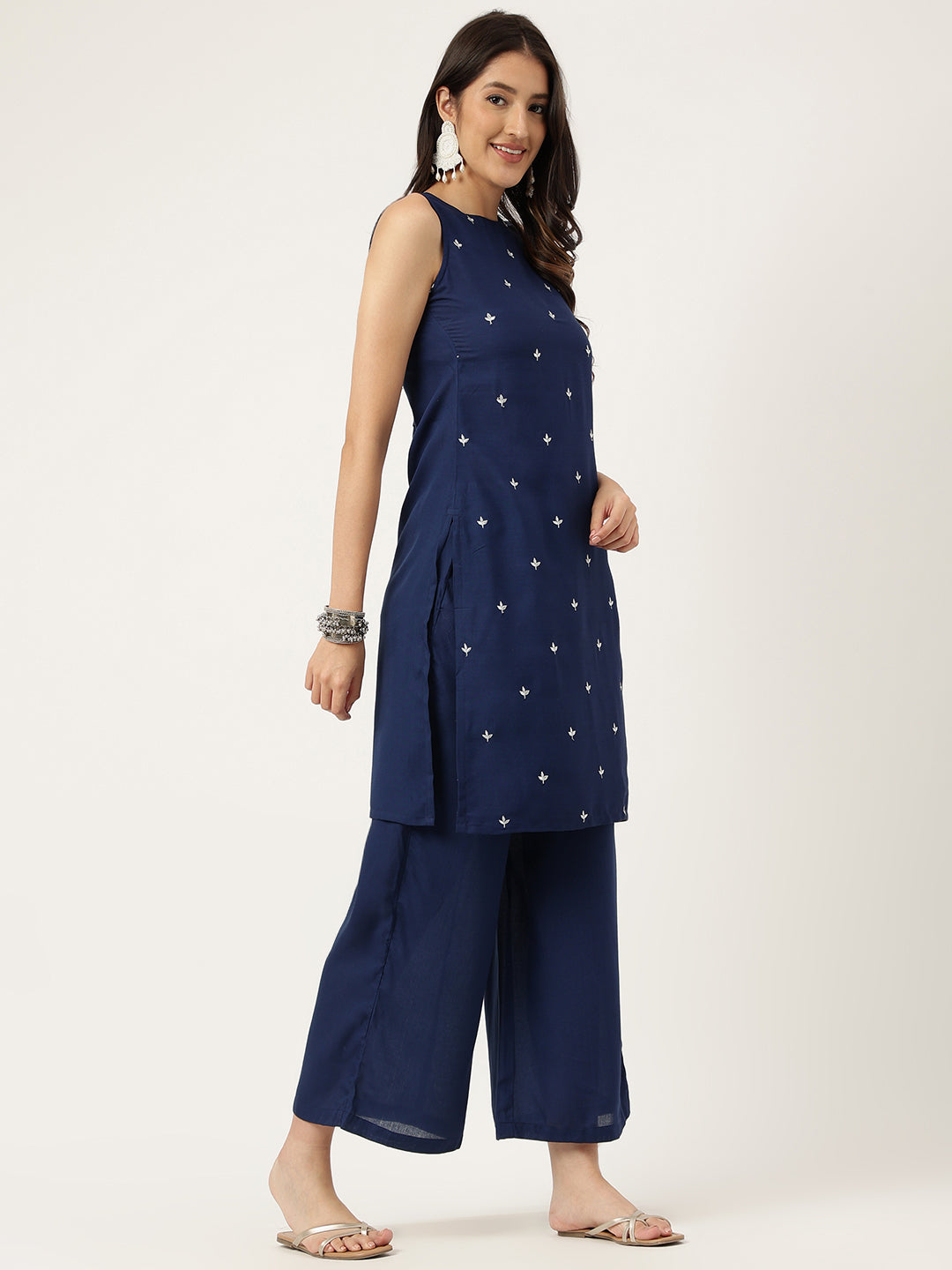 Women Navy Blue Rayon & Embroidered Work Straight Kurta Bottom Set