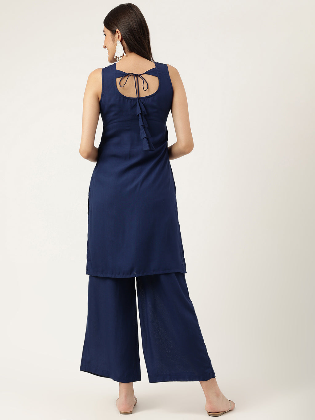 Women Navy Blue Rayon & Embroidered Work Straight Kurta Bottom Set