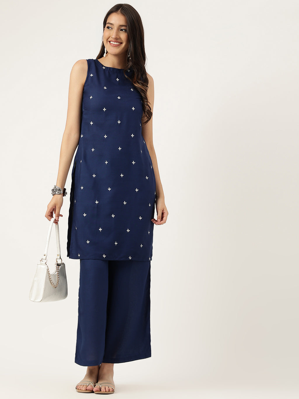 Women Navy Blue Rayon & Embroidered Work Straight Kurta Bottom Set