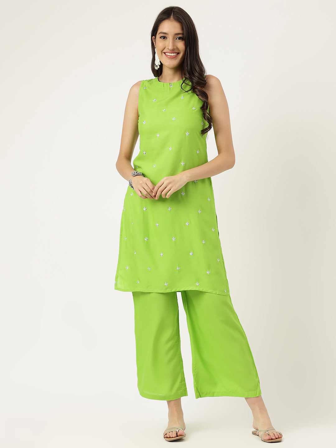 Women Green Rayon & Embroidered Work Straight Kurta Bottom Set