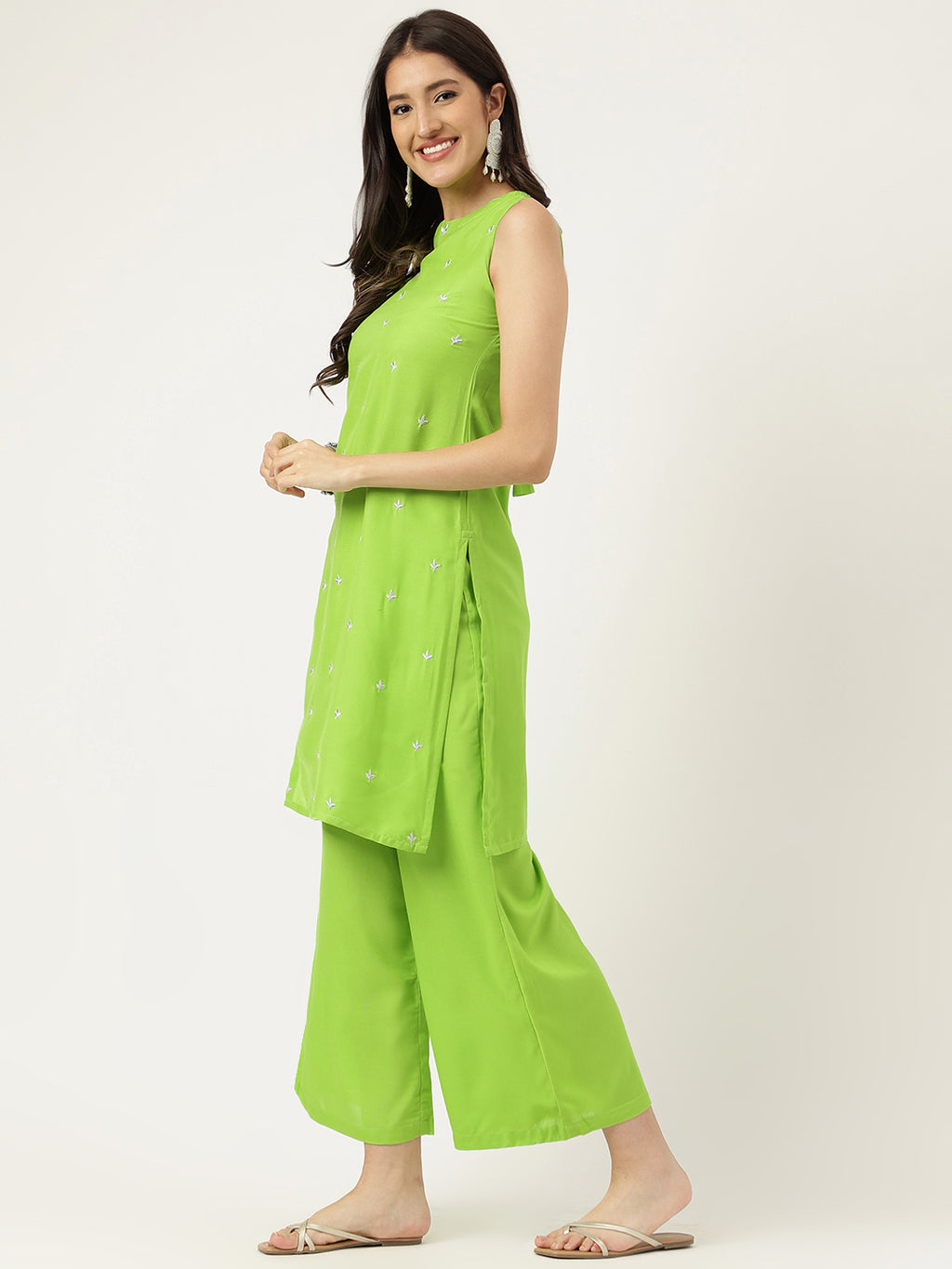 Women Green Rayon & Embroidered Work Straight Kurta Bottom Set