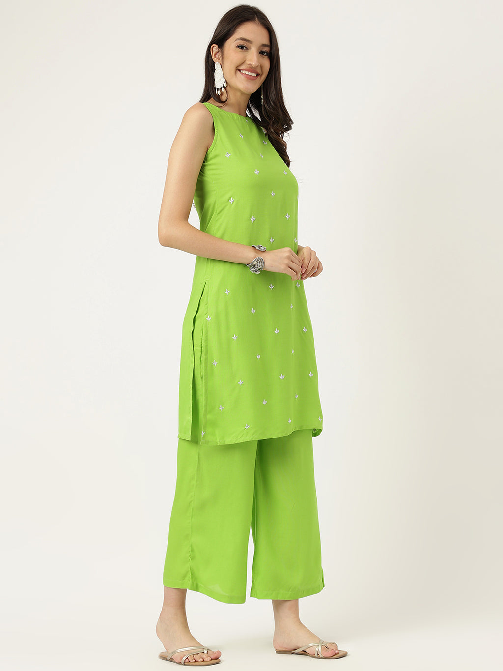 Women Green Rayon & Embroidered Work Straight Kurta Bottom Set