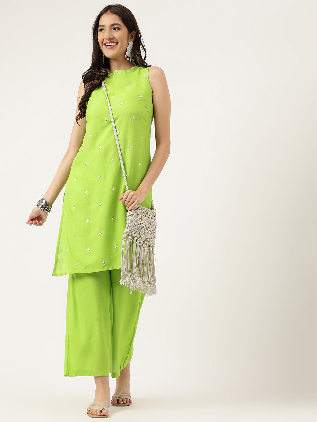 Women Green Rayon & Embroidered Work Straight Kurta Bottom Set