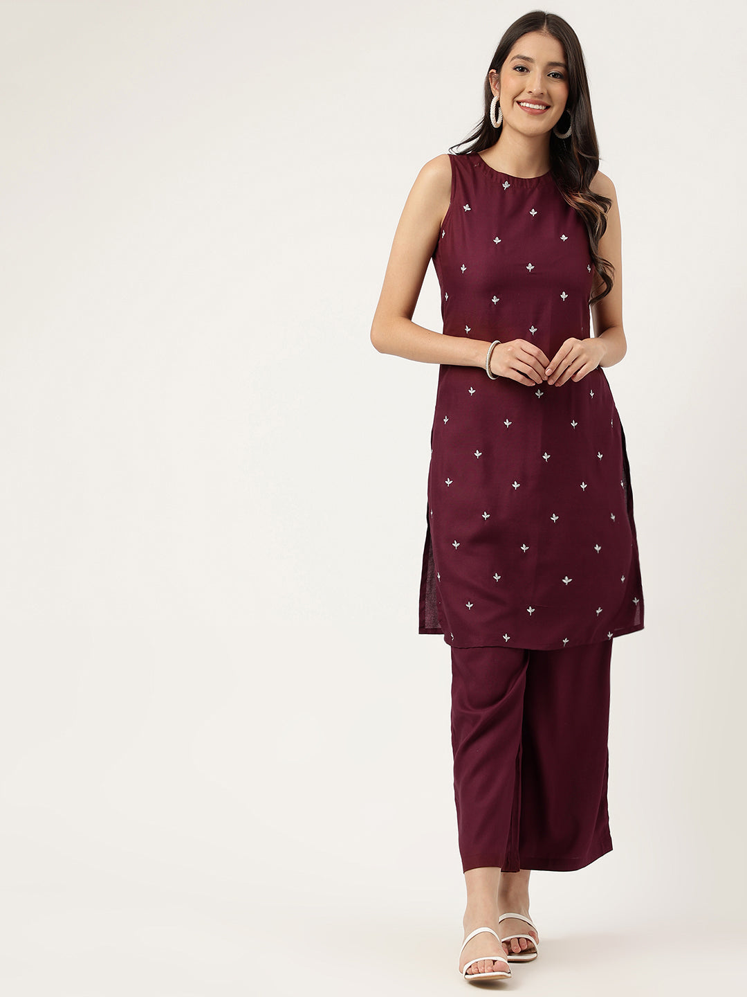 Women Mahroon Rayon & Embroidered Work Straight Kurta Bottom Set