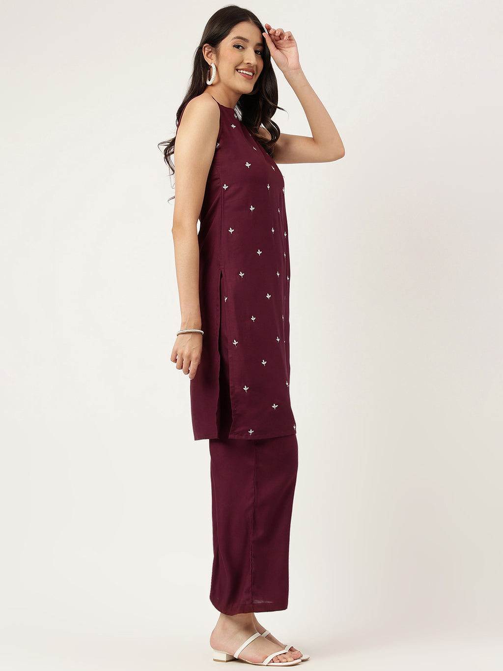 Women Mahroon Rayon & Embroidered Work Straight Kurta Bottom Set