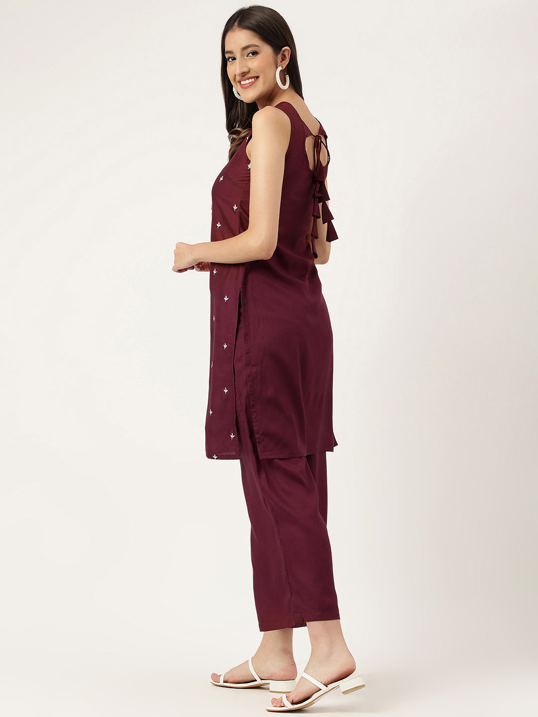 Women Mahroon Rayon & Embroidered Work Straight Kurta Bottom Set
