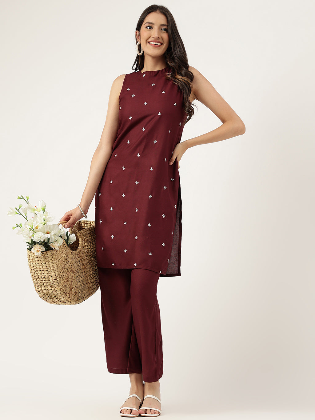 Women Mahroon Rayon & Embroidered Work Straight Kurta Bottom Set
