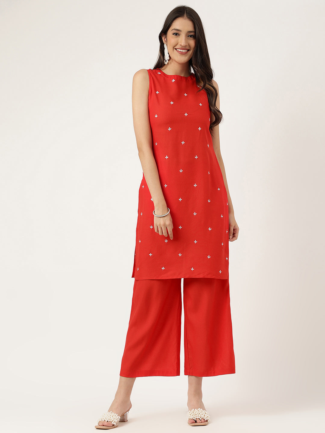 Women Red Rayon & Embroidered Work Straight Kurta Bottom Set