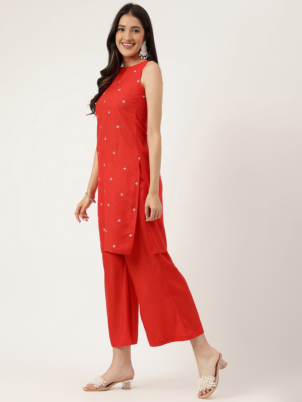 Women Red Rayon & Embroidered Work Straight Kurta Bottom Set