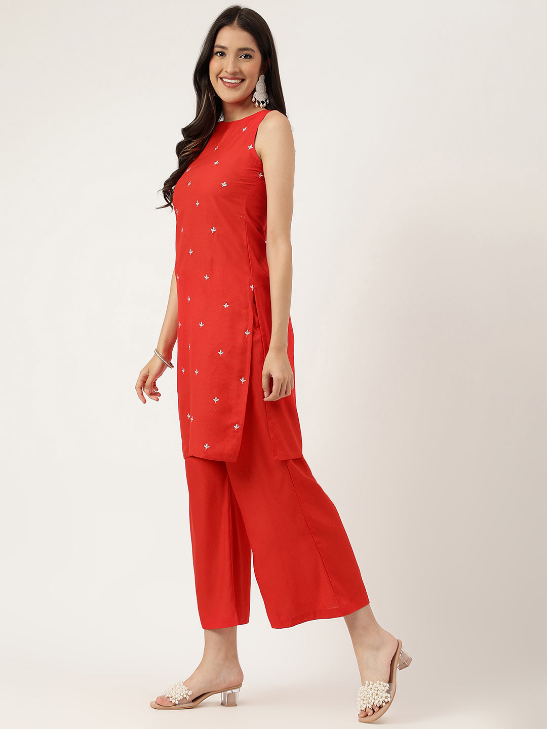 Women Red Rayon & Embroidered Work Straight Kurta Bottom Set