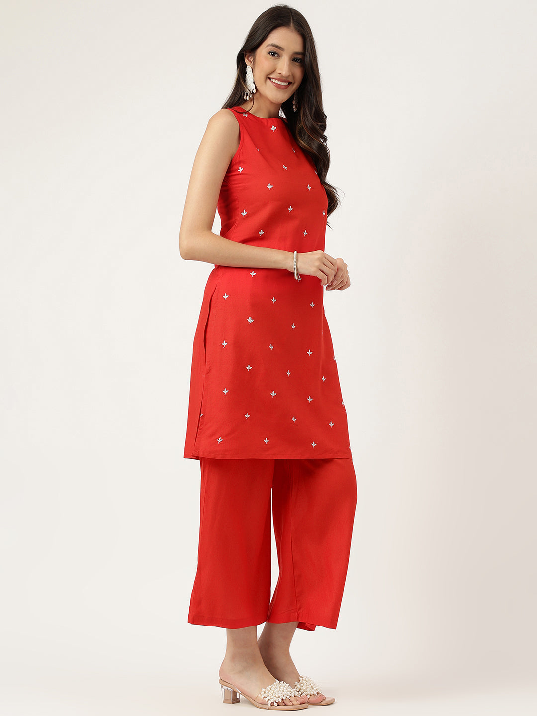 Women Red Rayon & Embroidered Work Straight Kurta Bottom Set