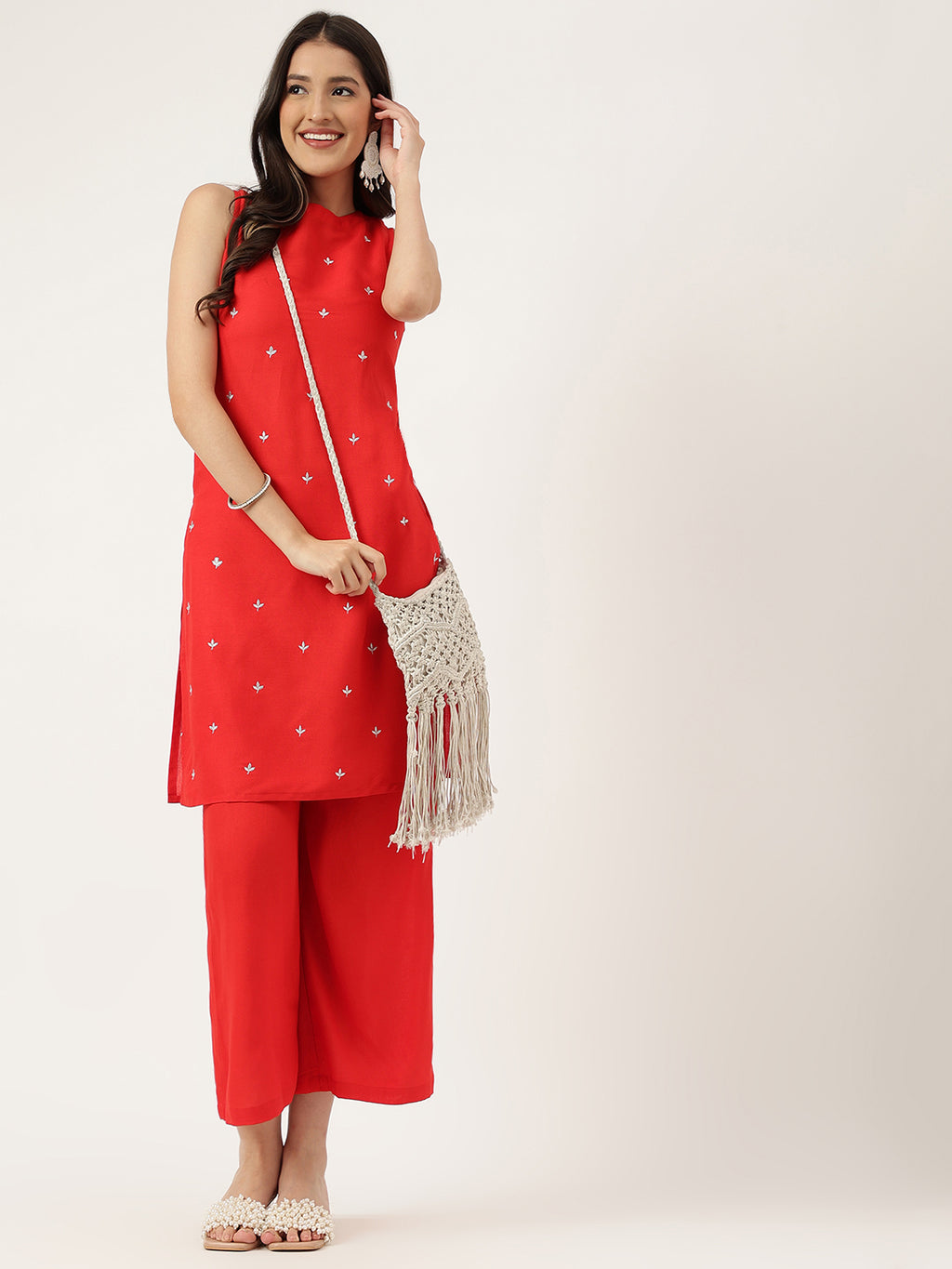 Women Red Rayon & Embroidered Work Straight Kurta Bottom Set