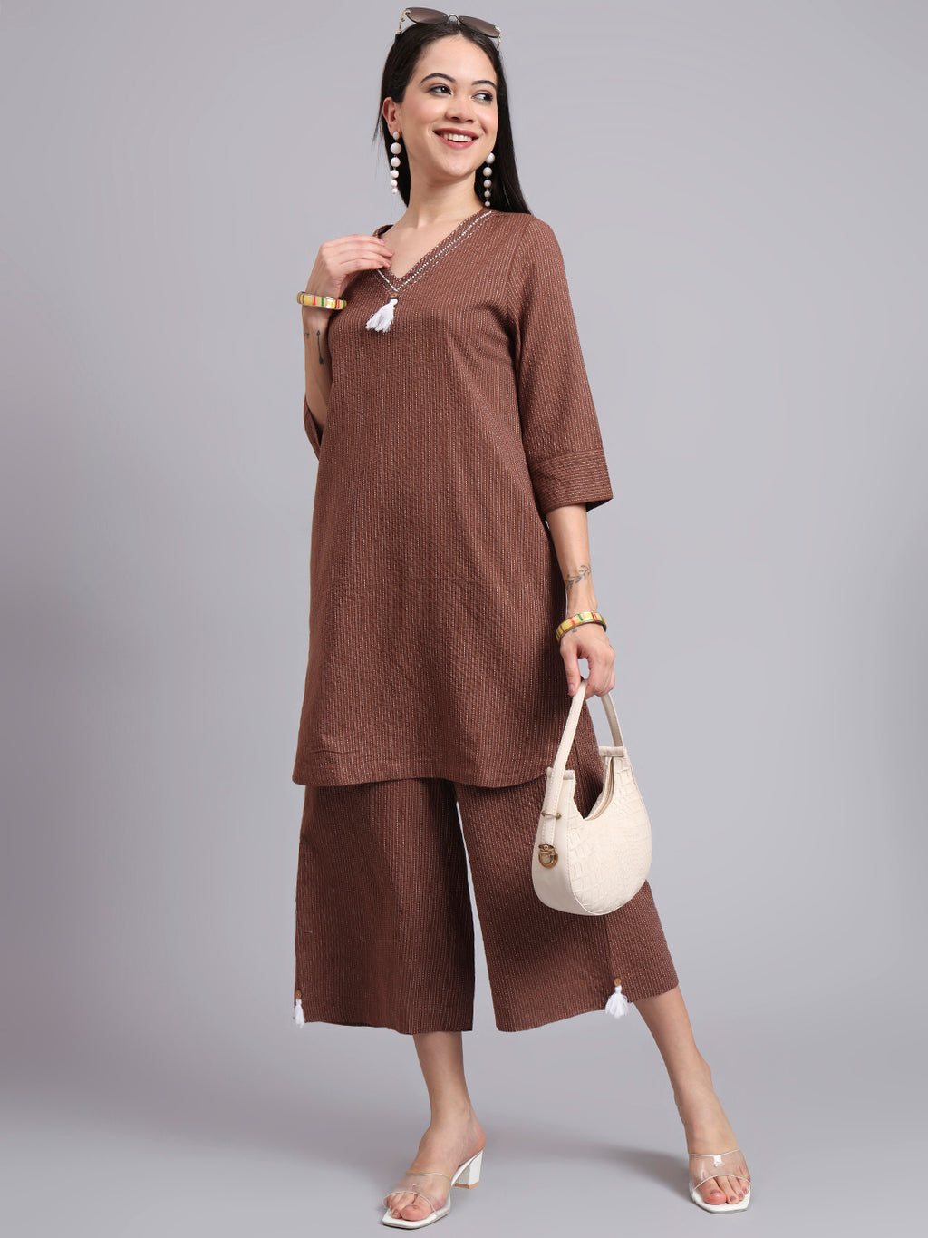 Women Brown Cotton Khatha & Hand Work Co-ord Set (Set of 2)