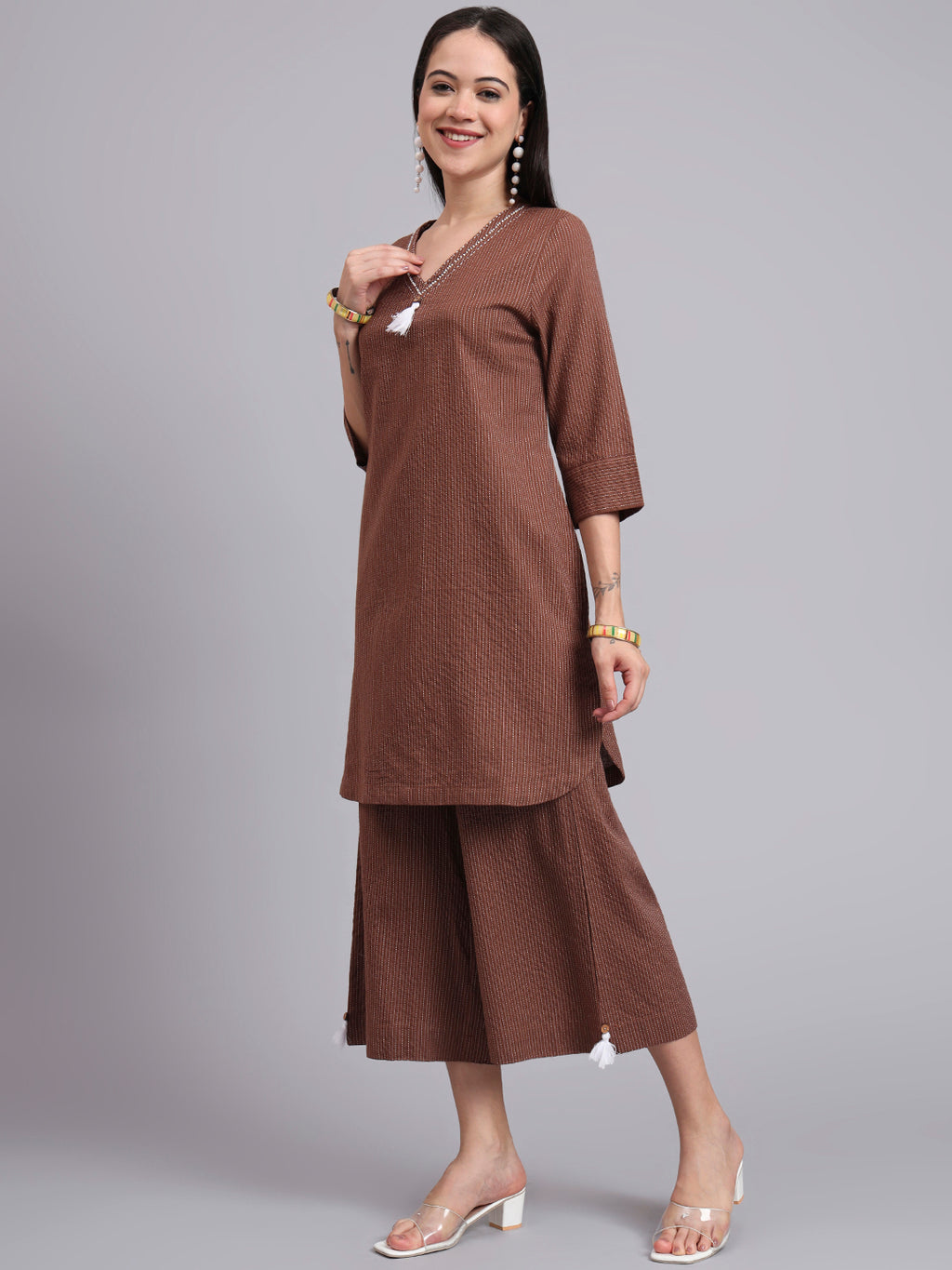 Women Brown Cotton Khatha & Hand Work Co-ord Set (Set of 2)