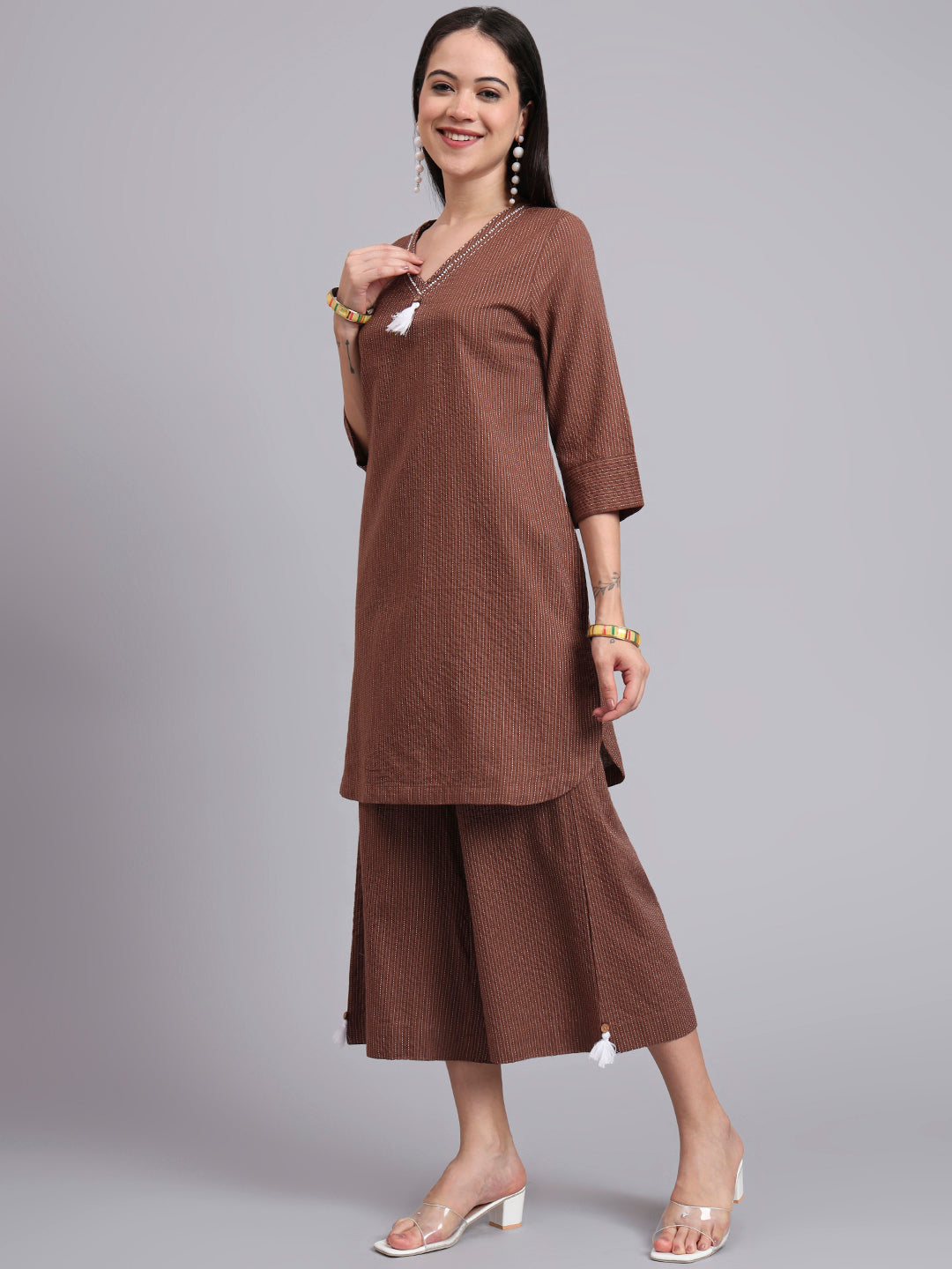 Women Brown Cotton Khatha & Hand Work Co-ord Set (Set of 2)