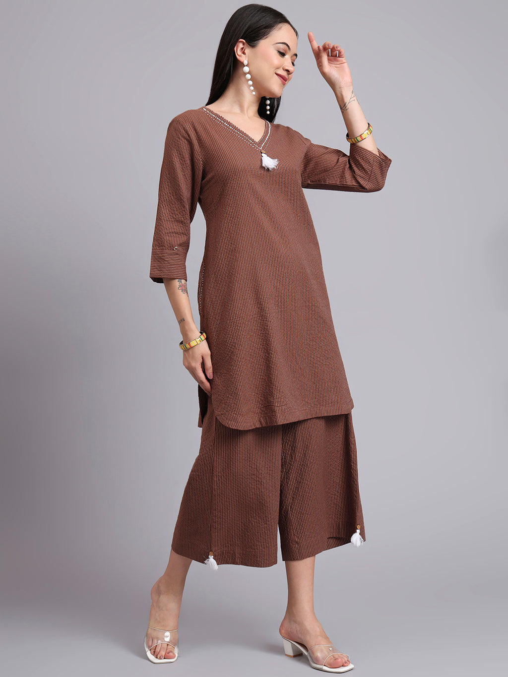 Women Brown Cotton Khatha & Hand Work Co-ord Set (Set of 2)