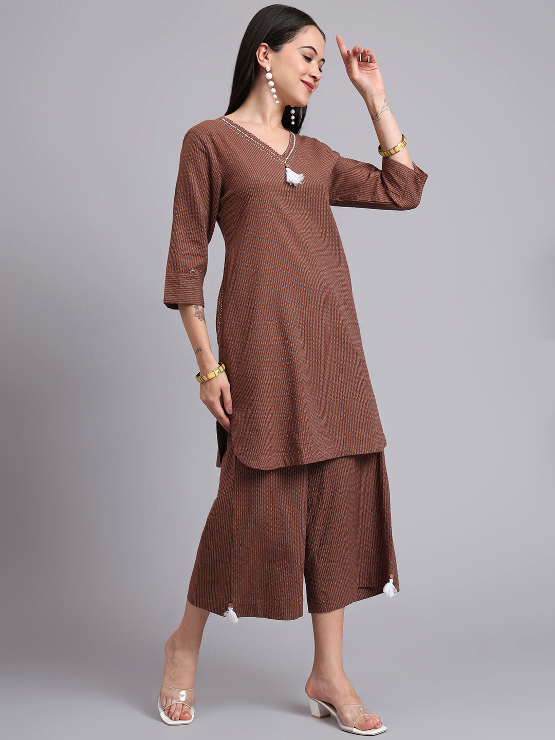 Women Brown Cotton Khatha & Hand Work Co-ord Set (Set of 2)