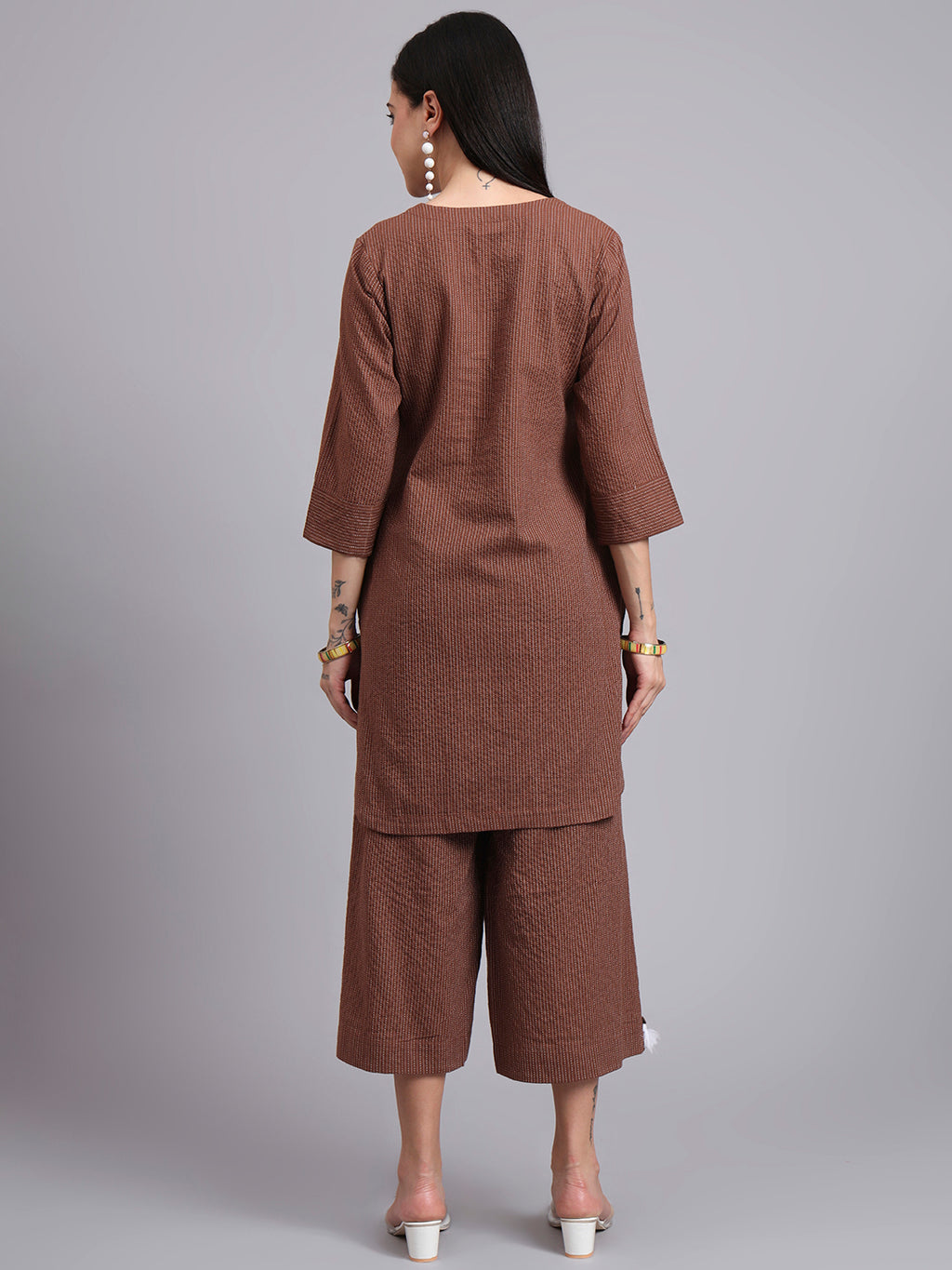 Women Brown Cotton Khatha & Hand Work Co-ord Set (Set of 2)