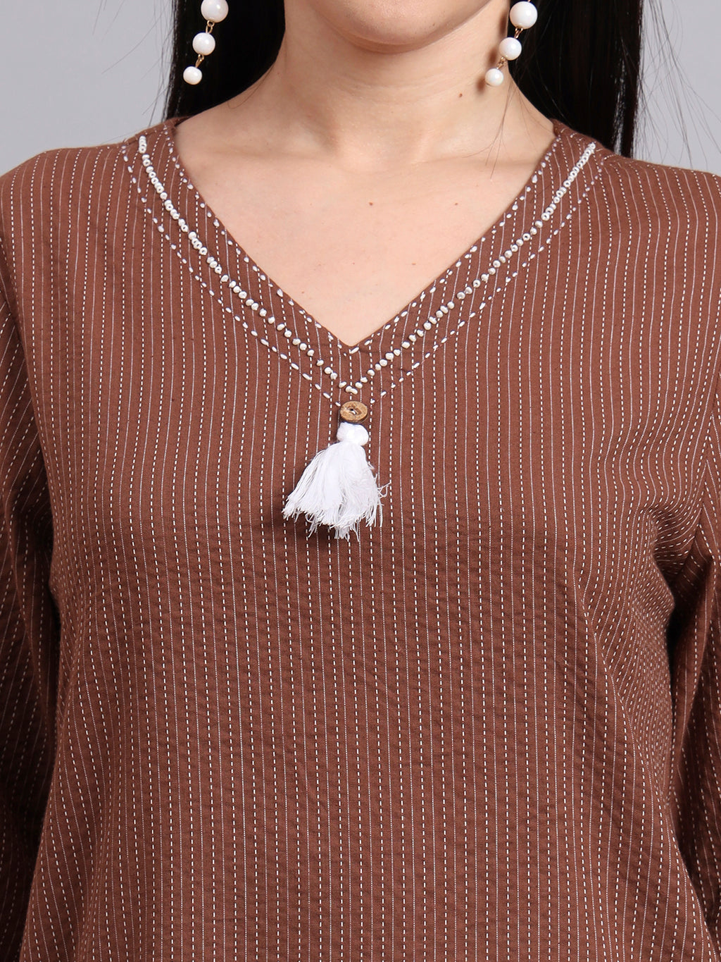 Women Brown Cotton Khatha & Hand Work Co-ord Set (Set of 2)